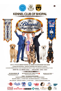 Kennel Club of Bhopal 16th & 17th KCI Breed Pointed All Breed Championship Dog Show poster for 10–11 October 2026 at The Grand Shubharambh, Misrod, Bhopal, featuring German Shepherd, Golden Retriever, Labrador Retriever and Dobermann, with international judges Ms Susan Bruno, Mr Hungchih Chen (Jerry Chen), and Mr Kim Jae-Young, alongside event sponsors and Pets Lifestyle branding.
